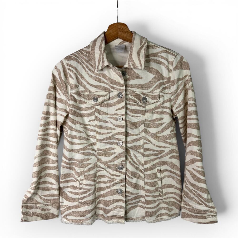 Chicos Womens Zebra Print Denim Jacket Size 00P US 2 XS Petite Neutral Animal